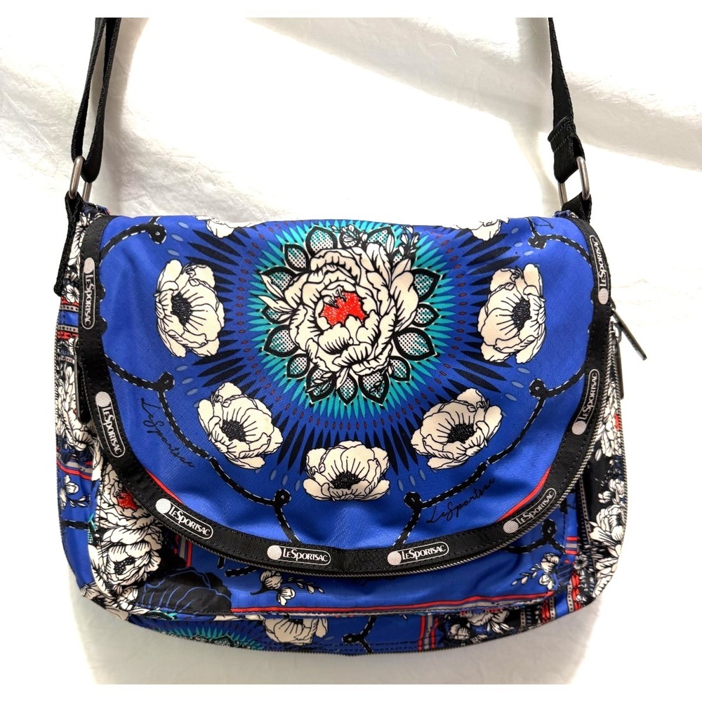 LeSportsac Colette Blue Peony Floral Nylon Expandable Messenger Crossbody Bag